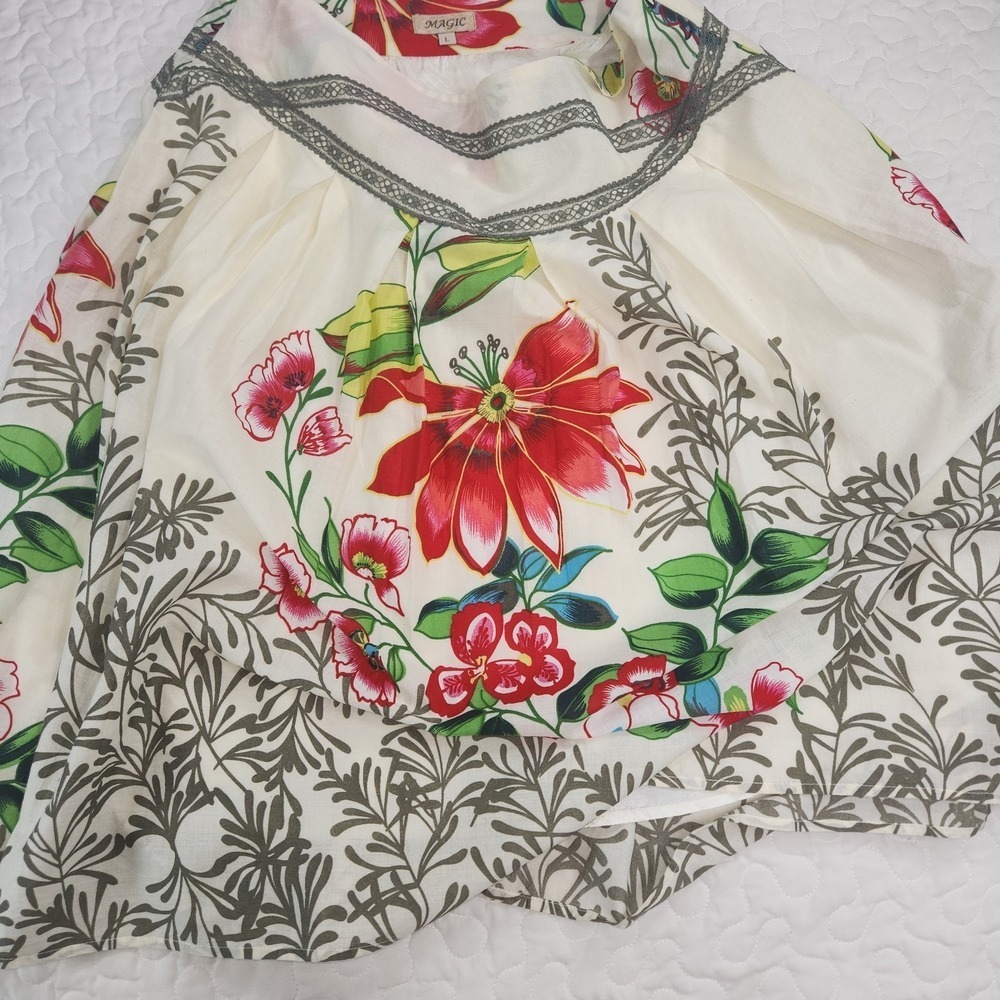 Cotton Skirt Garden Party Floral MIDI Elegant Tropical Preppy LARGE waist 30" - Picture 3 of 8